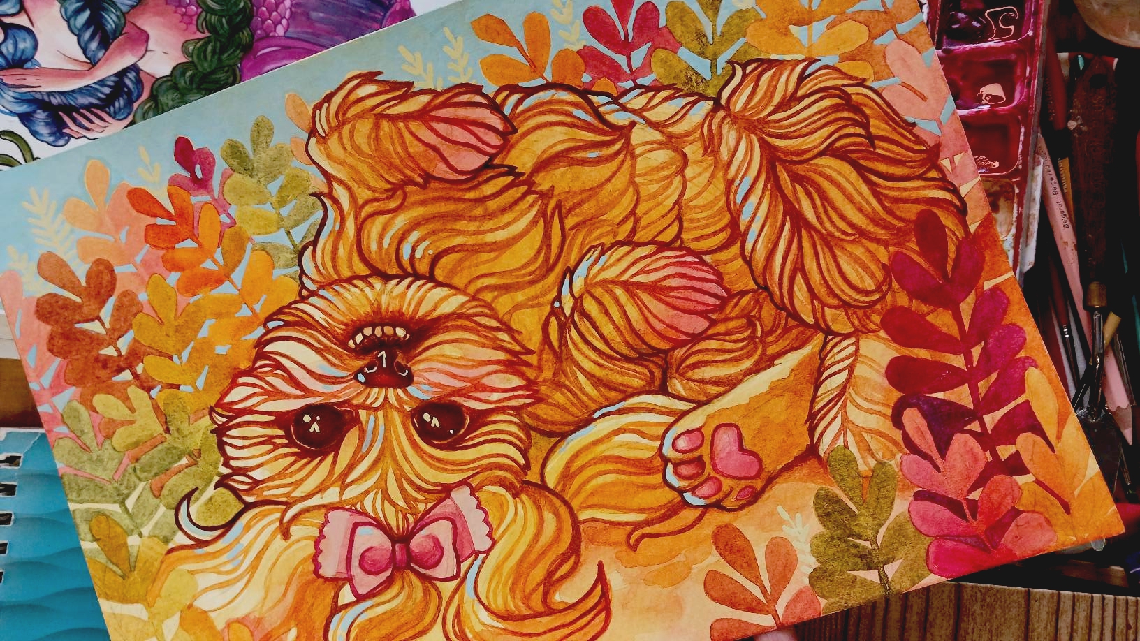 Whimsical fantasy illustration of a shih tzu dog named Nikki rolling around in flowers. Painted in watercolor and gouache.