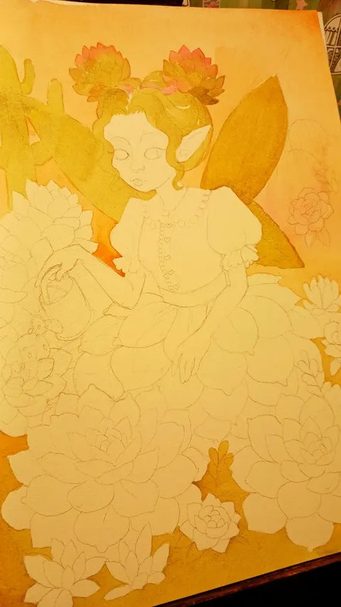 WIP fantasy illustration of a fairy with succulent space buns watering succulents, with wings and background plants partially painted with watercolor.