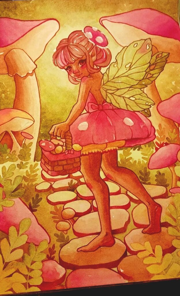 Fantasy art watercolor process photo showing further progress on a mushroom fairy illustration, adding more color and detail to the wings, dress, and whimsical mushroom forest background.