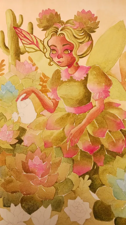 More completed stage of a succulent fairy illustration made with watercolor. The fairy has detailed facial shading, vibrant green wings, and a pink‑and‑green dress. Most of the surrounding succulents are fully colored in bright pinks, blues, greens, and yellows, creating a vivid, finished look.