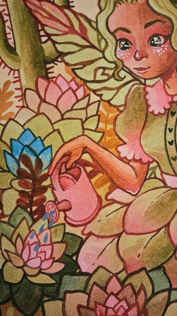 Close‑up illustration of a succulent themed fairy watering vibrant succulents. A pink watering can pours over detailed rosette plants in shades of blue, pink, green, and purple, surrounded by lush foliage and tree trunks. Fantasy succulent garden artwork with rich botanical textures.
