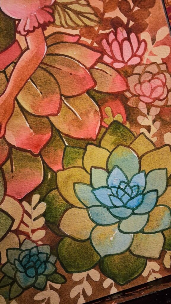Close‑up of a colorful succulent themed fairy in a succulent garden. Dense clusters of rosette succulents and flowers in bright blues, greens, pinks, and reds fill the frame, showcasing detailed shading, layered petals, and vivid fantasy‑botanical art. Made with watercolor