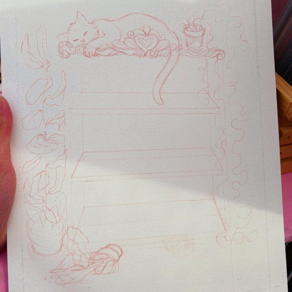 An early pencil sketch by Luna Topaz showing a cat lounging on top of a bookshelf, drawn on watercolor paper. Luna is starting to work on drawing the plants around and on the bookshelf. The cat has knocked one of the plants on the floor.