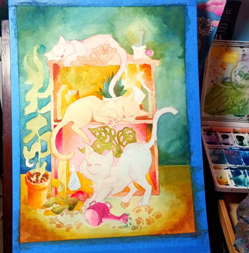 A watercolor painting in progress by Luna Topaz showing several cats lounging on a bookshelf. The piece is taped with blue painter’s tape and features warm green and yellow tones with playful shapes and objects. There are plants around the bookshelf and also one of the cats has knocked a plant on the floor. Another cat has stepped in the dirt and created pawprints.