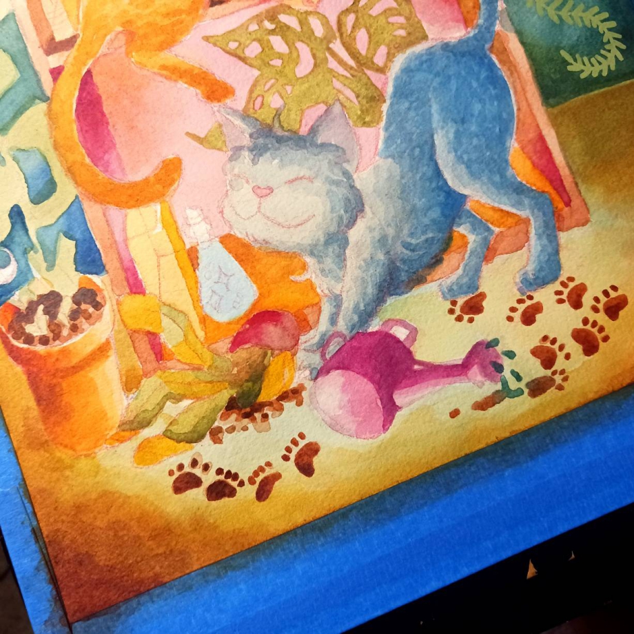 Close-up photo of a watercolor painting by Luna Topaz featuring a gray kitty next to a bookshelf who has stepped in the dirt of a potted plant that has fallen on the floor. The cat walked around and stretched, causing there to be dirty pawprints on the floor.