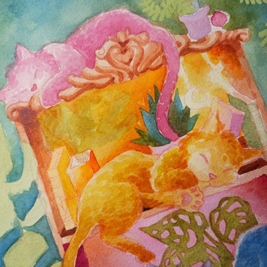 A close-up shot of a watercolor painting by Luna Topaz featuring two cats sleeping on a bookshelf with plants and books. A dreamy star and moon light hang on the bookshelf, creating a whimsical vibe.