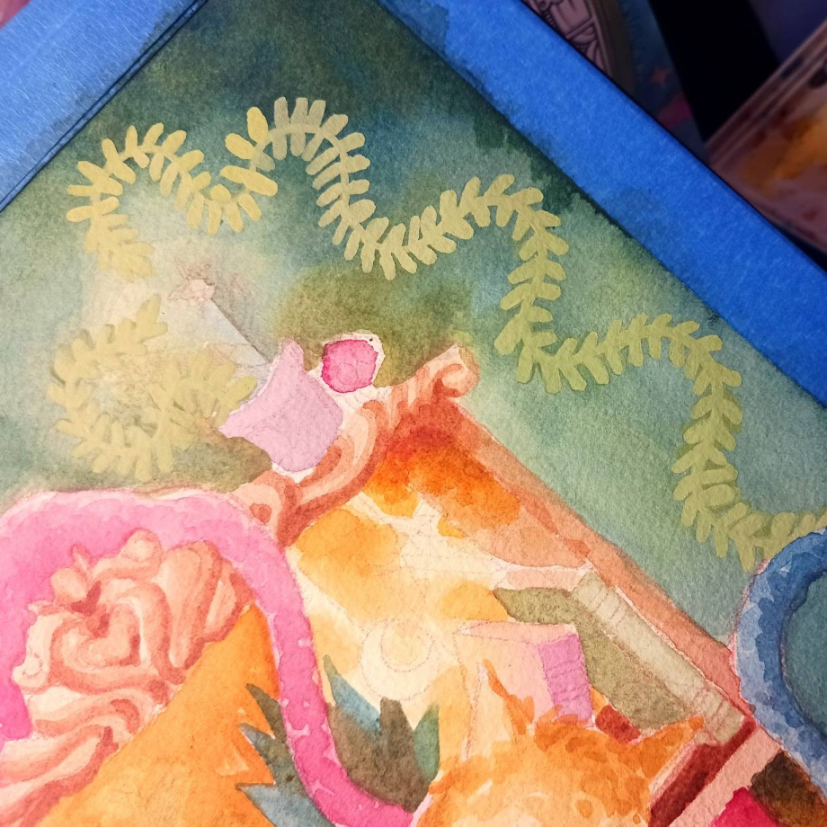 A watercolor and gouache painting in progress by Luna Topaz showing a close-up of one of the plants curling around the background.