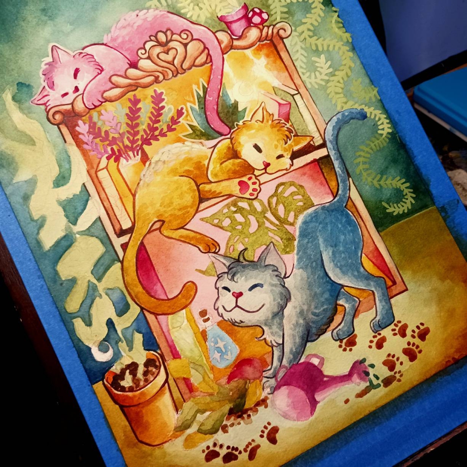 A watercolor and gouache painting in progress by Luna Topaz showing several cats lounging on a bookshelf surrounded by plants. The background features curling green leaves painted in gouache.