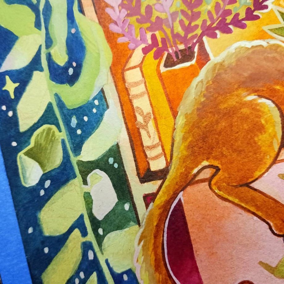 A close‑up of Luna Topaz’s “Chaotic Kitties” painting showing the leg of a warm orange cat resting on a bookshelf surrounded by leafy green plants and colorful patterns.