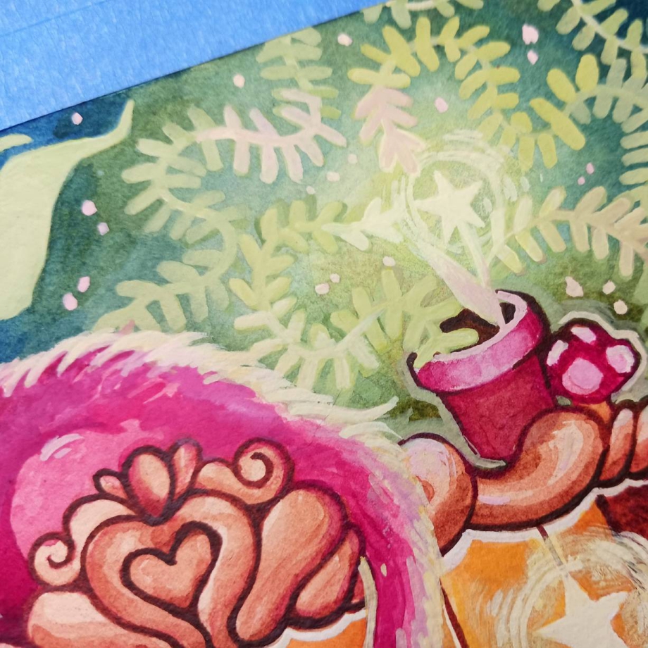 A cropped section of Luna Topaz’s "Chaotic Kitties" painting featuring a pink‑haired cat tail and a blooming plant, painted in soft watercolor tones.