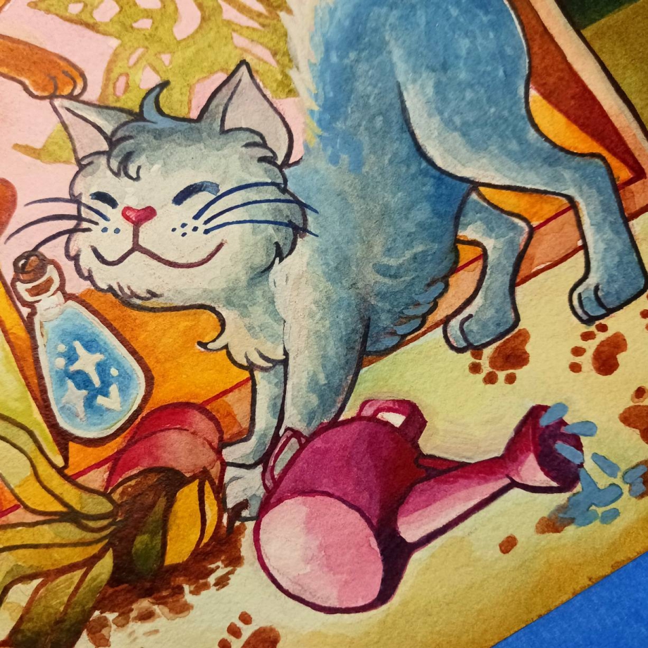 A detailed view of Luna Topaz’s "Chaotic Kitties" painting showing a blue cat stretching after stepping into the dirt of a plant that fell off of the bookshelf, creating a mess of pawprints.