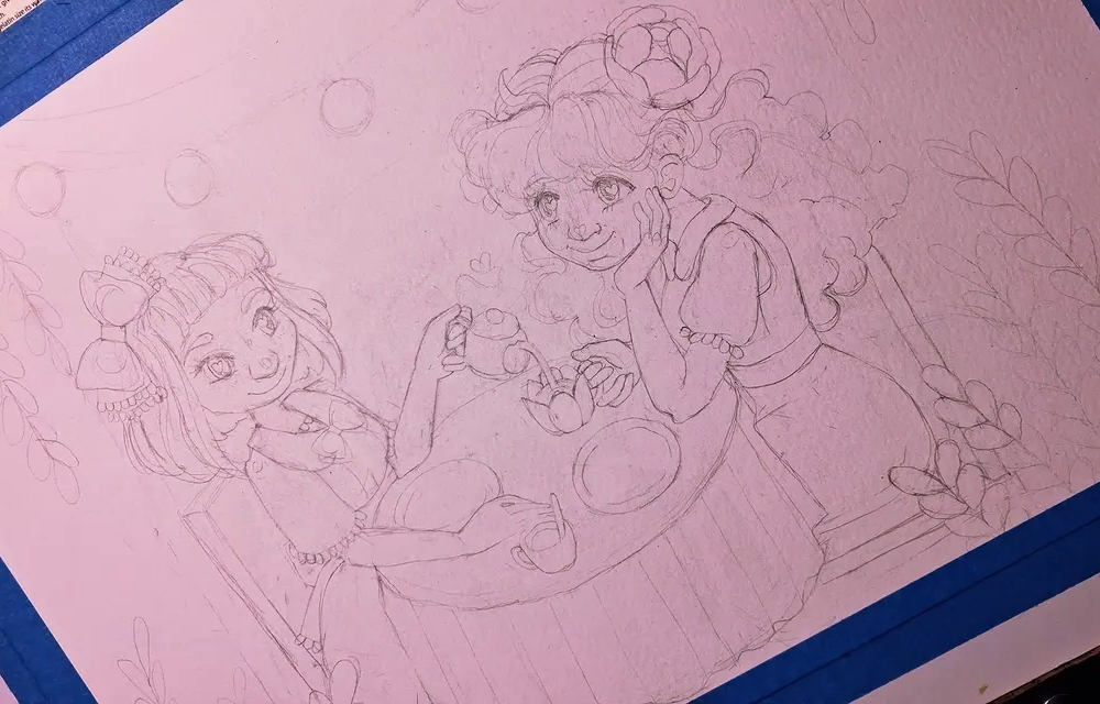 A pencil sketch by Luna Topaz showing two girls having tea together, drawn on watercolor paper and taped with blue painter’s tape. Luna spent a long time working on their expressions so it looks like they’re on a date.
