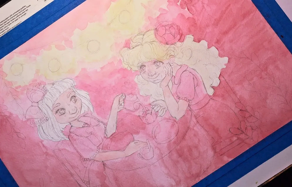 A watercolor painting work in progress by Luna Topaz with a pink ground and hints of yellow, showing two girls at a tea party. Some areas are left unpainted for later layers.