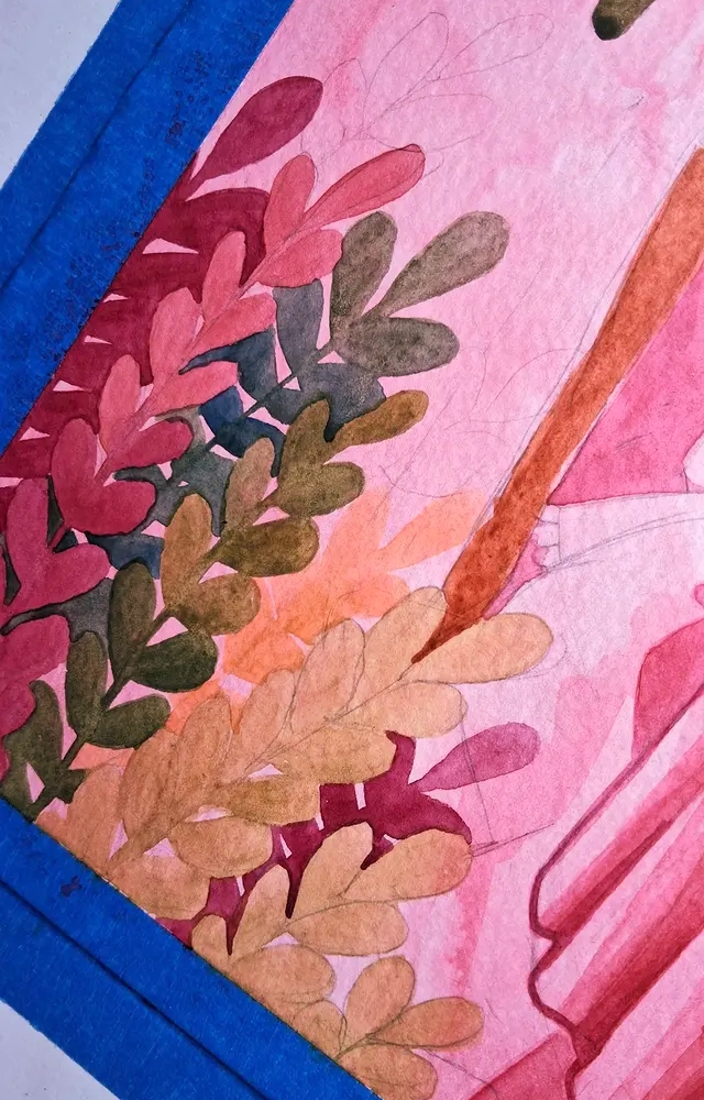A close‑up of Luna Topaz’s watercolor painting "Tea Party" showing detailed leaves in pinks, greens, yellows, and browns. The painting is warm and romantic in tone.