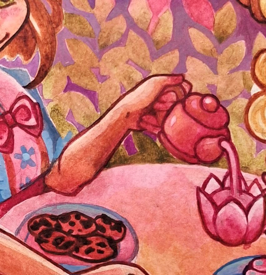 A close‑up of Luna Topaz’s painting "Tea Party", showing one girl’s hand holding a teapot, pouring tea into the other girl's flower cup, featuring soft pink and green leaves in the background.
