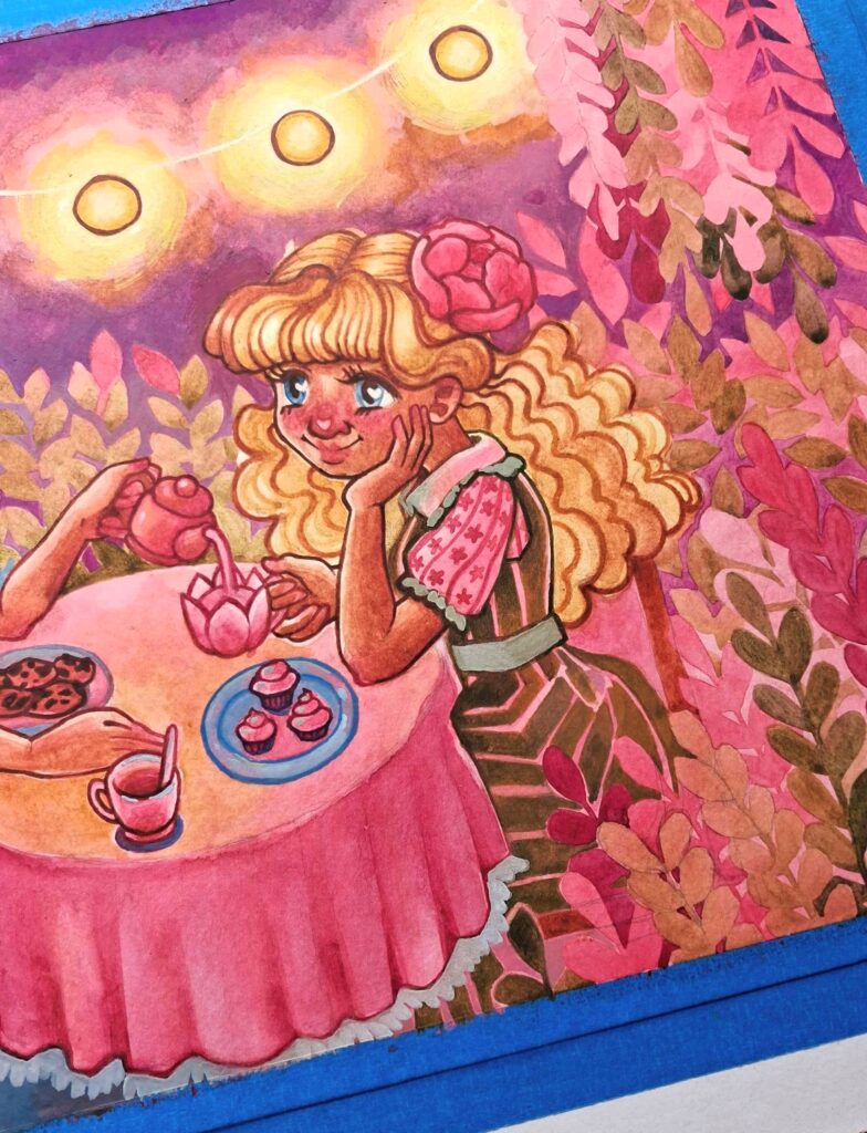 A detailed view of Luna Topaz’s finished "Tea Party" watercolor and gouache painting, showing two girls smiling at each other across a pink table surrounded by lush foliage with lanterns above them. This shot features the woman on the right with blonde hair holding a flower shaped teacup.

