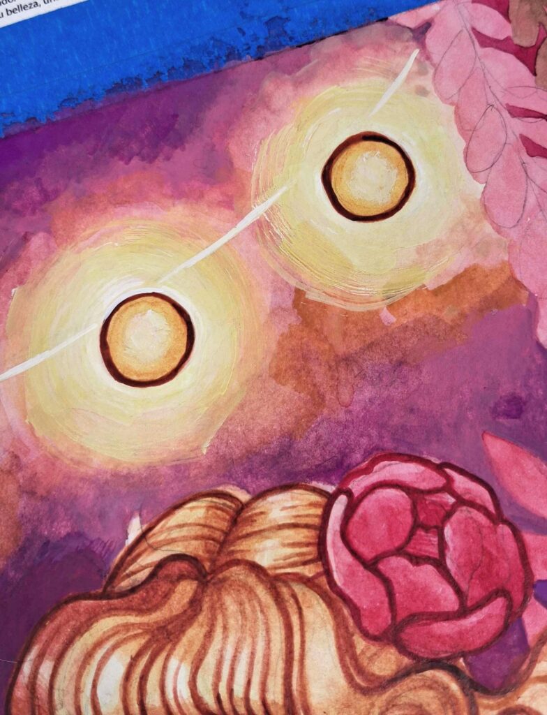 A cropped section of Luna Topaz’s "Tea Party" painting focusing on glowing lanterns above the girls, painted over with dry brush for a soft light effect.
