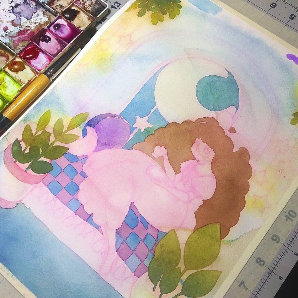 A watercolor painting by Luna Topaz of a work in progress showing a pinkβpencil sketch of a woman enjoying tea and cookies sitting under a crescent moon shaped window, surrounded by plants, featuring soft pastel washes of blue, pink, green, and yellow.