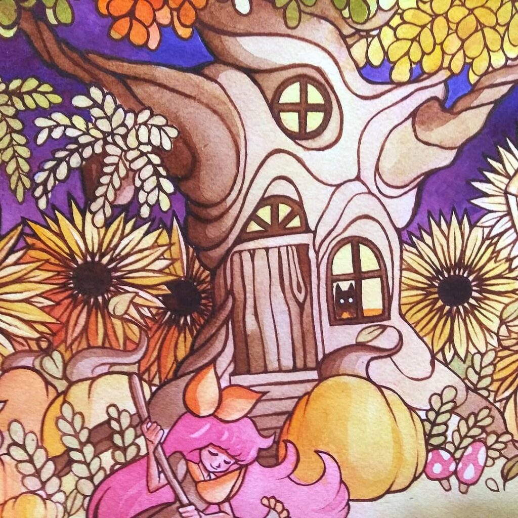 A detailed watercolor painting by Luna Topaz showing a whimsical treehouse with curved windows and a wooden door, surrounded by sunflowers, pumpkins, mushrooms, and autumn leaves. A pink‑haired girl is outside of the treehouse sweeping her path while her cat sits inside one of the windows watching.
