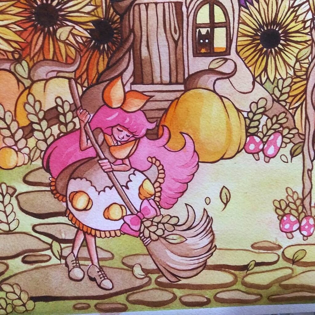 A cropped view of Luna Topaz’s "Treehouse" painting showing the girl with pink hair sweeping the path, pumpkins, mushrooms, and sunflowers around her.