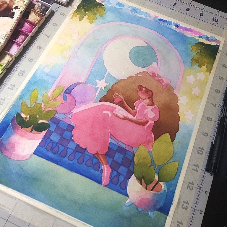 A mid-stage work in progress of a painting by Luna topaz made with watercolor featuring layered blues and pinks, depicting a woman enjoying tea and cookies under a moonlit window with glowing stars and plants.