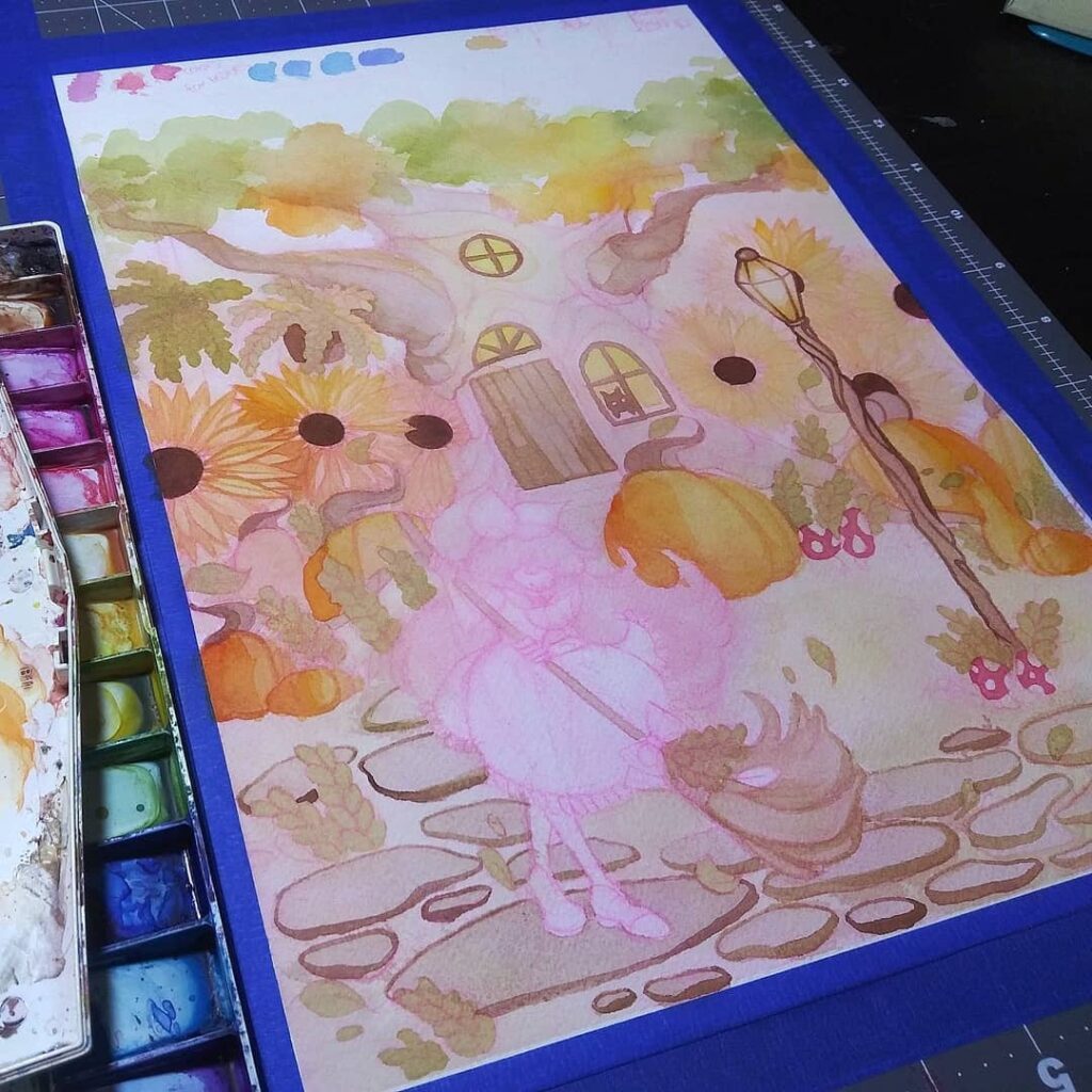 A watercolor sketch by Luna Topaz showing a whimsical treehouse inspired by Minecraft, drawn with pink pencil on watercolor paper. The scene features a girl living in a tree surrounded by large leaves and flowers. There is also a cat in one of the treehouse windows.