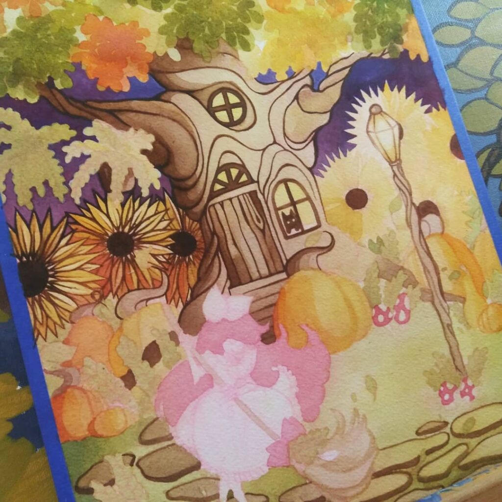 A watercolor painting in progress by Luna Topaz showing a cozy treehouse with windows and flowers. The sky was first painted blue, then changed to purple. Luna is working on developing the pumpkins, sunflowers, and foliage.
