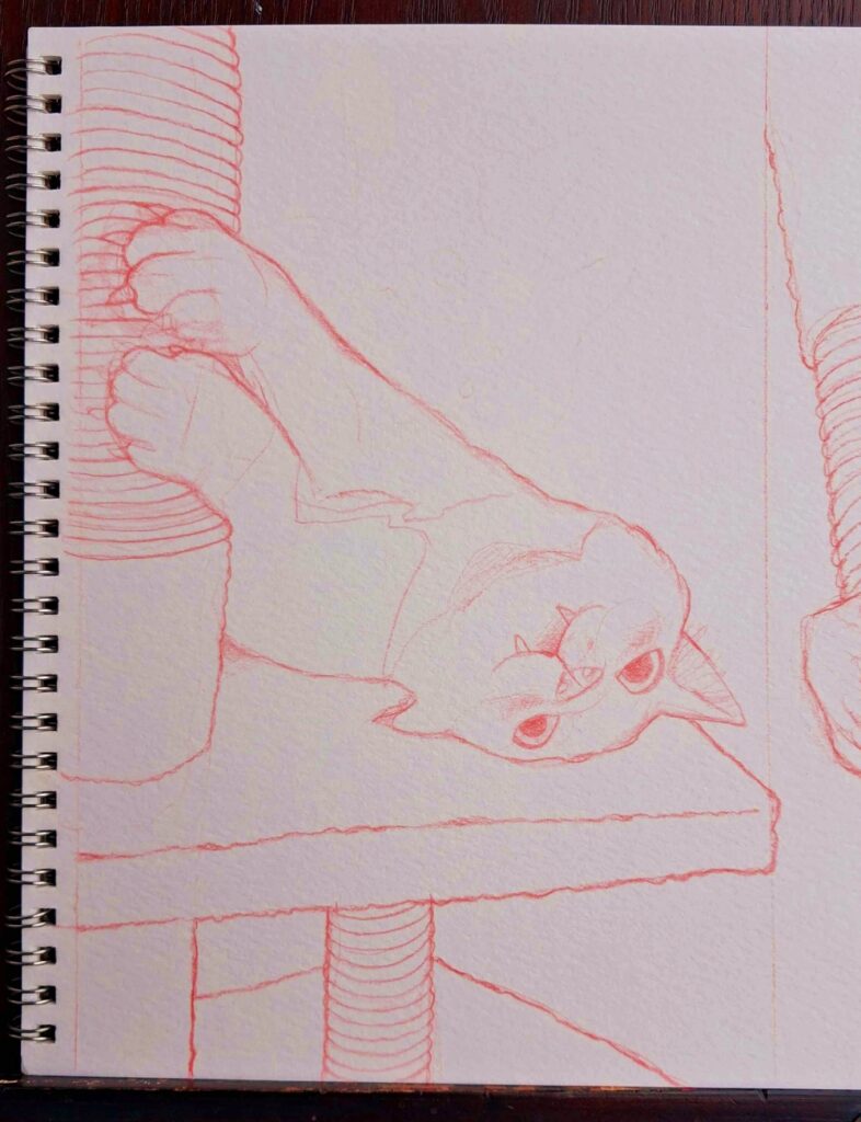 A pencil sketch of a cat lounging on a cat tree. The outlines are clean and detailed, showing the cat’s relaxed posture and the structure of the tree before any paint is added. Sketch made by Luna Topaz