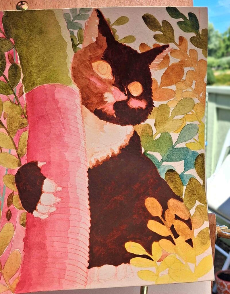 An unfinished watercolor painting by Luna Topaz of a dark brown and white cat surrounded by vibrant green, yellow, and orange leaves. The cat is sharpening their claws on the cat tree and the background foliage is partially painted, showing the work‑in‑progress stage.