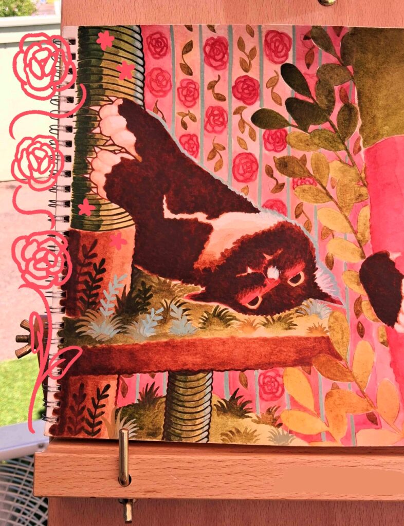 A finished watercolor painting of a cat resting on a cat tree surrounded by colorful leaves and floral patterns. The composition is bright and detailed, with warm pinks, reds, greens, and browns creating a lively, decorative scene.