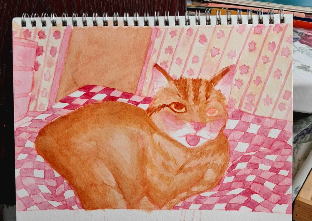 More detailed watercolor layers showing the cat with richer orange shading and clearer tabby markings. The quilt’s pink and red patterns are developing, adding texture and depth.