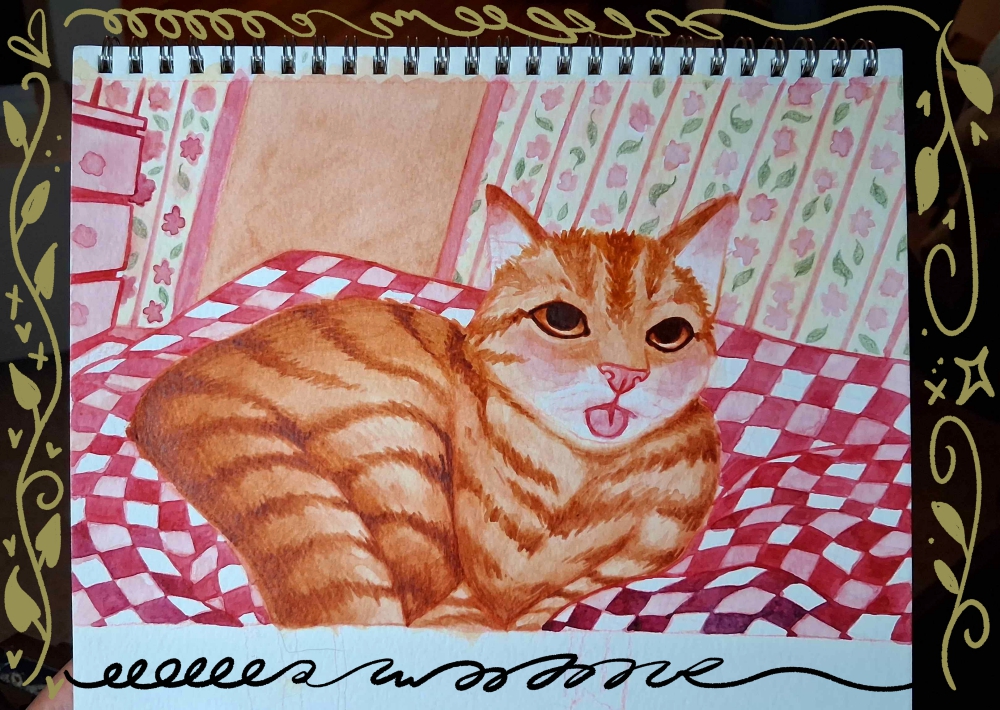 The painting nearly complete, with the cat fully rendered in warm orange tones and the quilt detailed with repeating pink and red shapes. The background now includes wallpaper with roses and leaves.