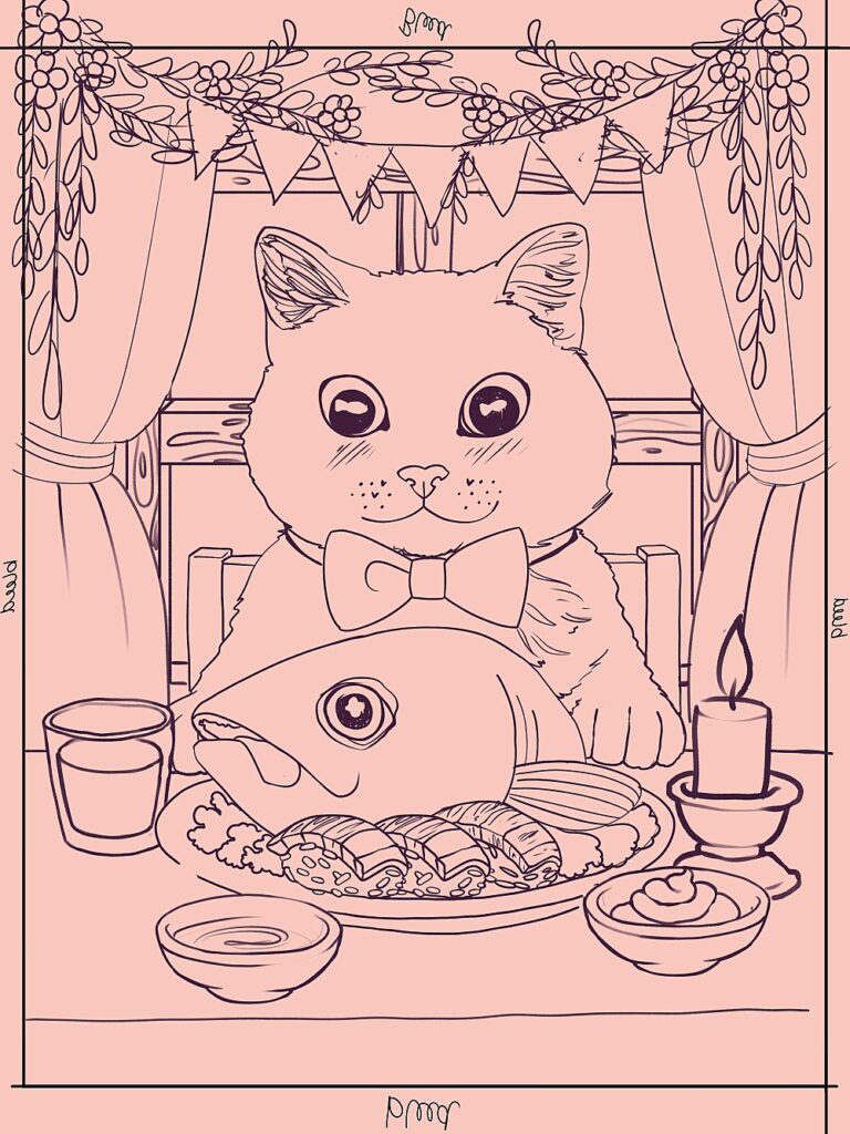 A monochrome sketch by Luna Topaz showing a cat sitting at a dining table, wearing a bow tie and preparing to eat a large tuna head. The scene includes a candle, a cup, and decorative garlands, drawn in a playful coloring‑book style.