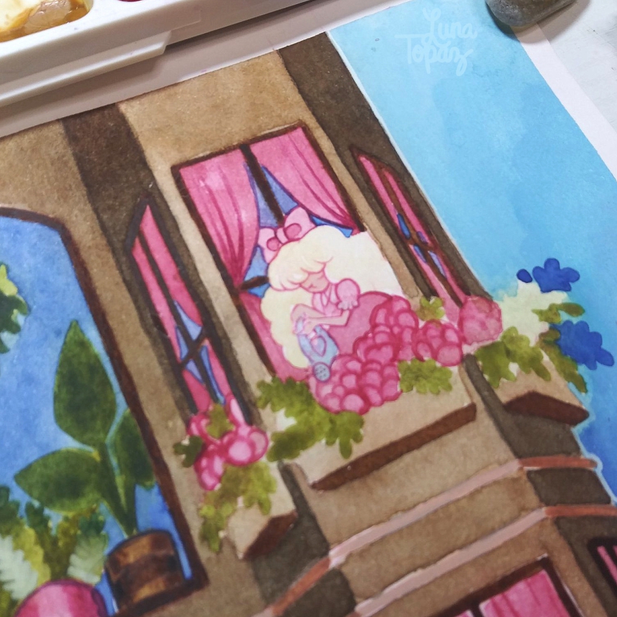 A close‑up of Luna Topaz’s "Spring Vibes" watercolor painting showing a tall building with pink‑curtained windows. A girl reaches outside of the window with a watering can to water the flowers and plants that are planted in window boxes. The building is framed by a bright blue sky and warm brown tones.
