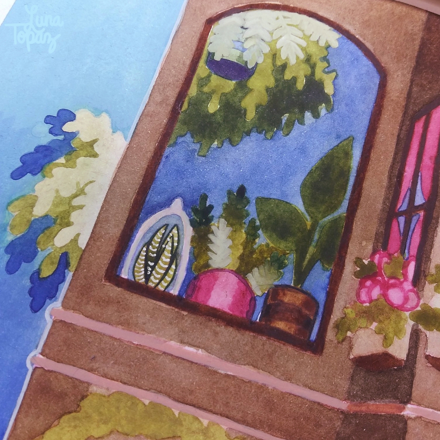 A close‑up of Luna Topaz’s "Spring Vibes" painting showing the building’s windows and potted plants painted in warm tones. The watercolor textures create a calm, cozy atmosphere.