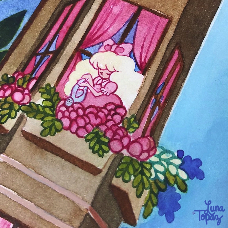 A close‑up of Luna Topaz’s "Spring Vibes" watercolor painting showing a tall building with pink‑curtained windows. A girl reaches outside of the window with a watering can to water the flowers and plants that are planted in window boxes. The building is framed by a bright blue sky and warm brown tones.
