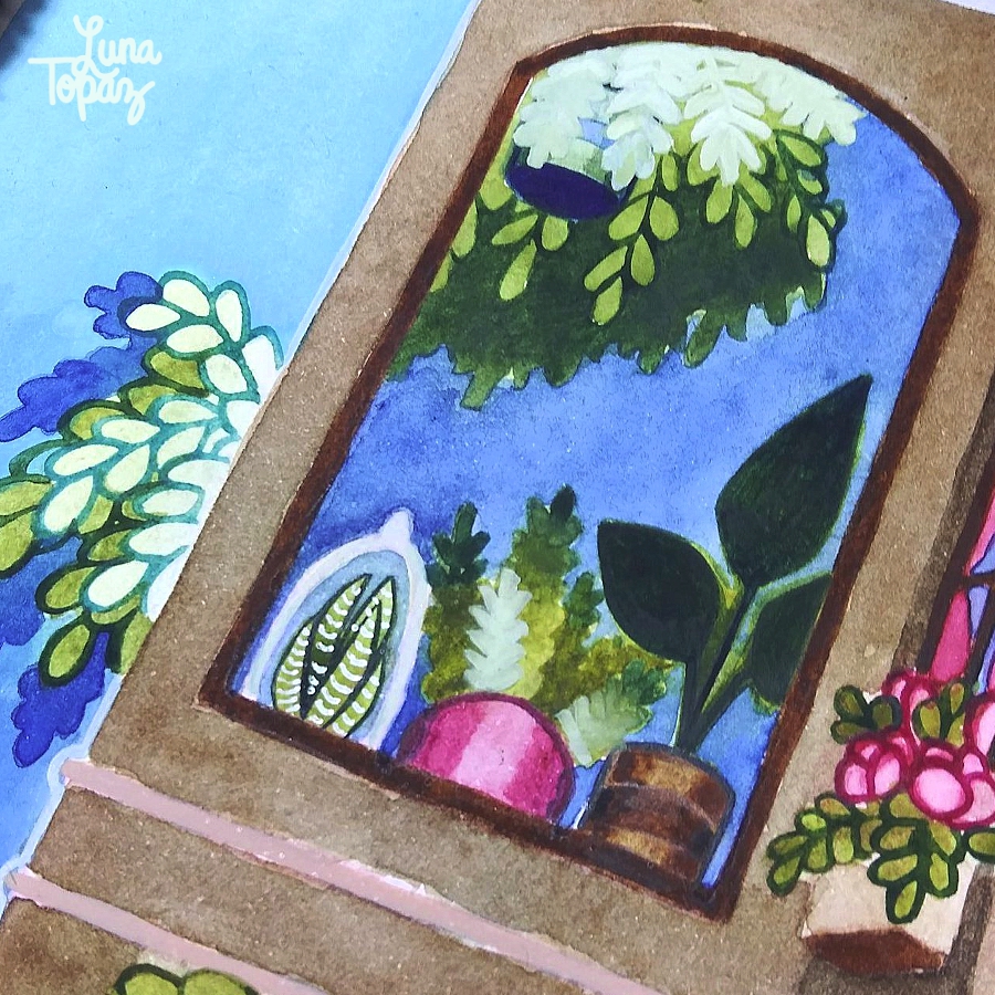 A close‑up of Luna Topaz’s "Spring Vibes" painting showing the building’s windows and potted plants painted in warm tones. The watercolor textures create a calm, cozy atmosphere.